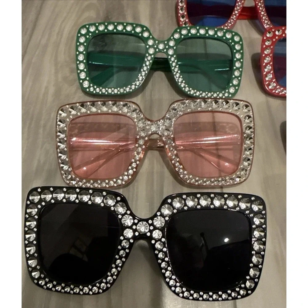 Lot of 7 Rhinestone Oversized Square Sunglasses UV400–BNWT-Red,Green,Pink&Black
